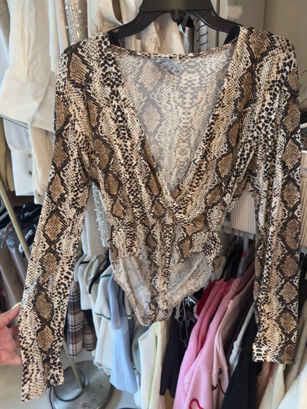 Charlotte Russe Brown Snake-Print V-Neck Long Sleeve Bodysuit